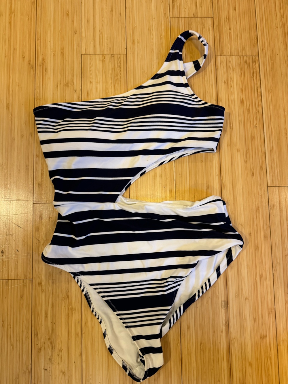 aerie One-Shoulder Navy and White Striped One-Piece Swimsuit